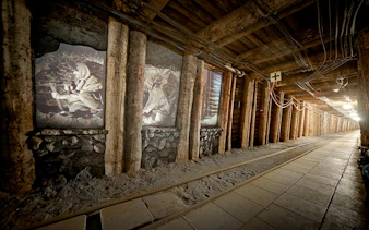 Underground corridor in Bochnia Salt Mine with historical displays, Krakow tour.