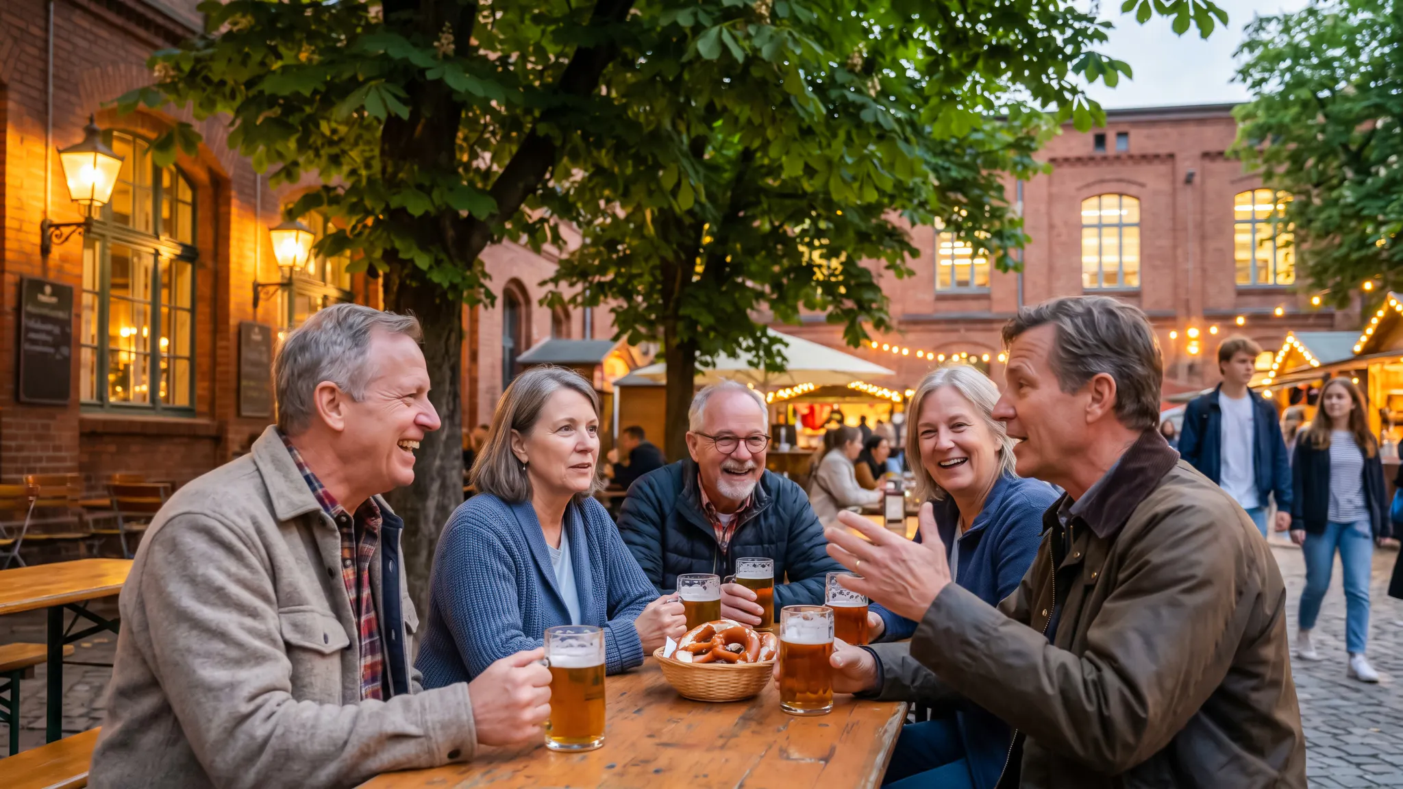 Group enjoying beer and pretzels at outdoor table during Berlin Oktoberfest walking tour.