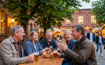 Group enjoying beer and pretzels at outdoor table during Berlin Oktoberfest walking tour.