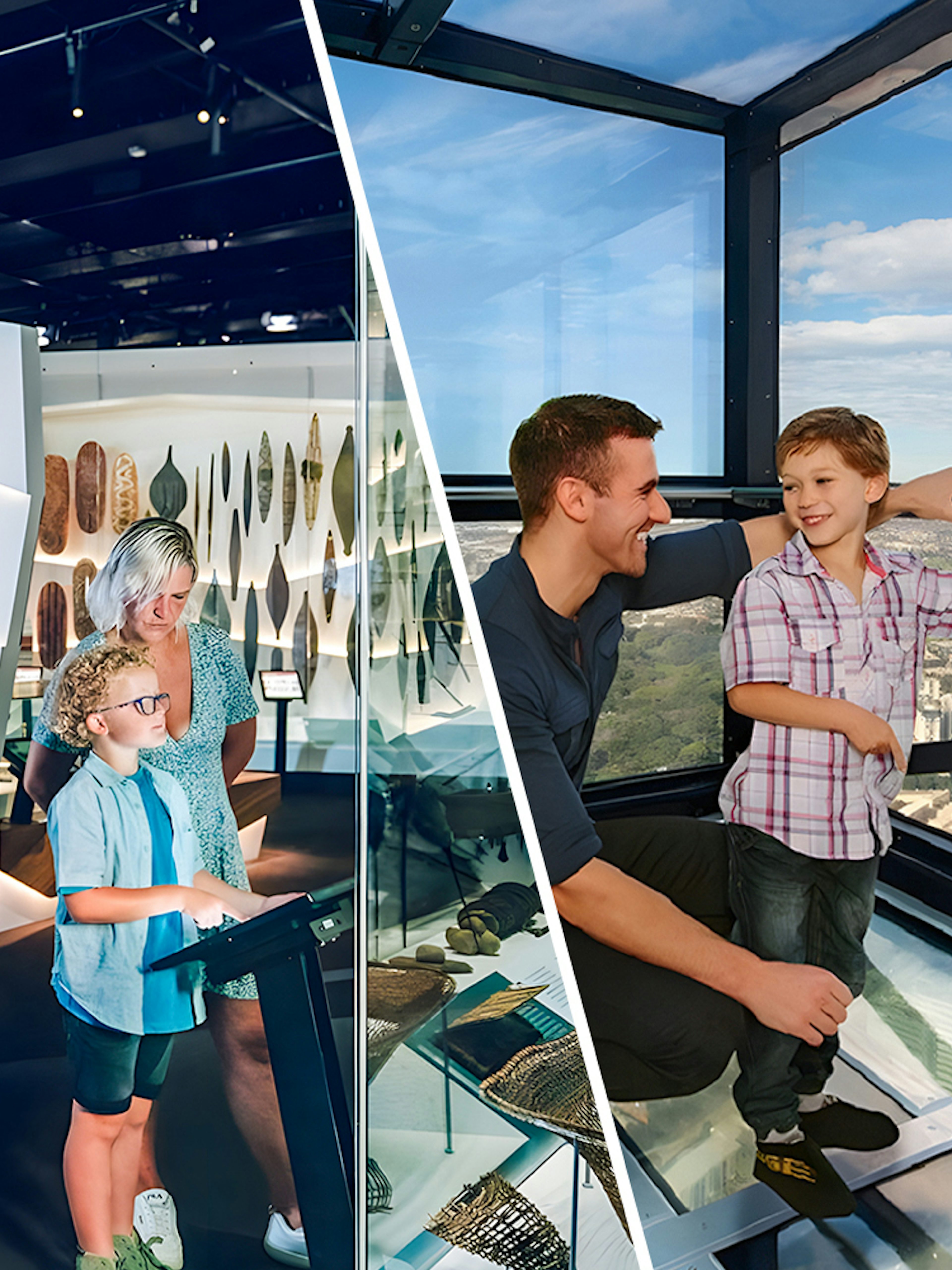 Visitors exploring Melbourne Museum exhibit and enjoying views from Melbourne Skydeck.