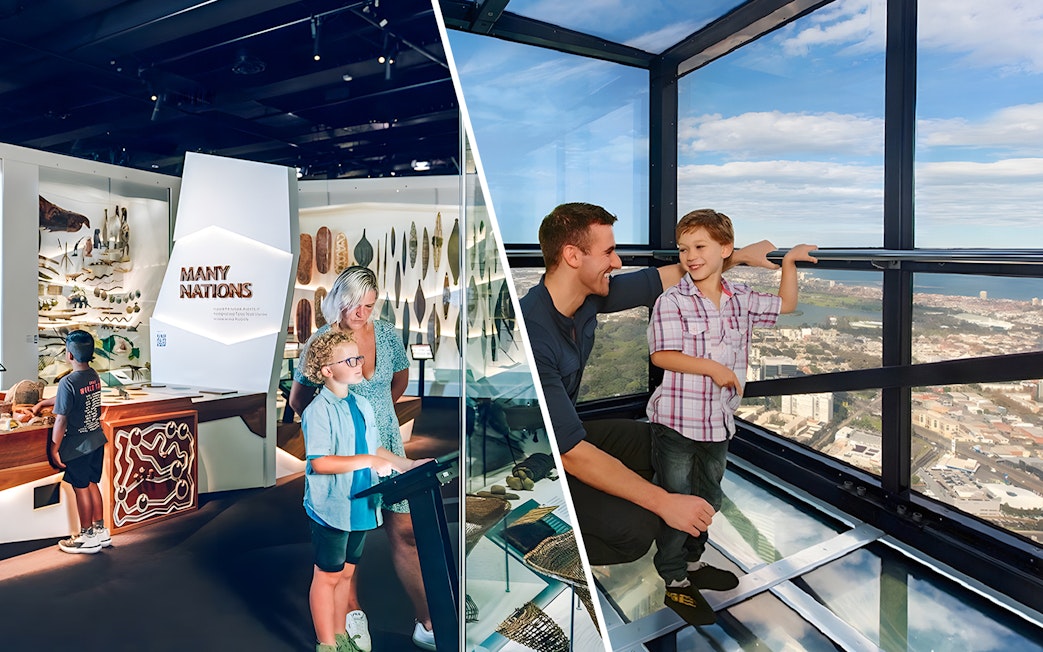 Visitors exploring Melbourne Museum exhibit and enjoying views from Melbourne Skydeck.