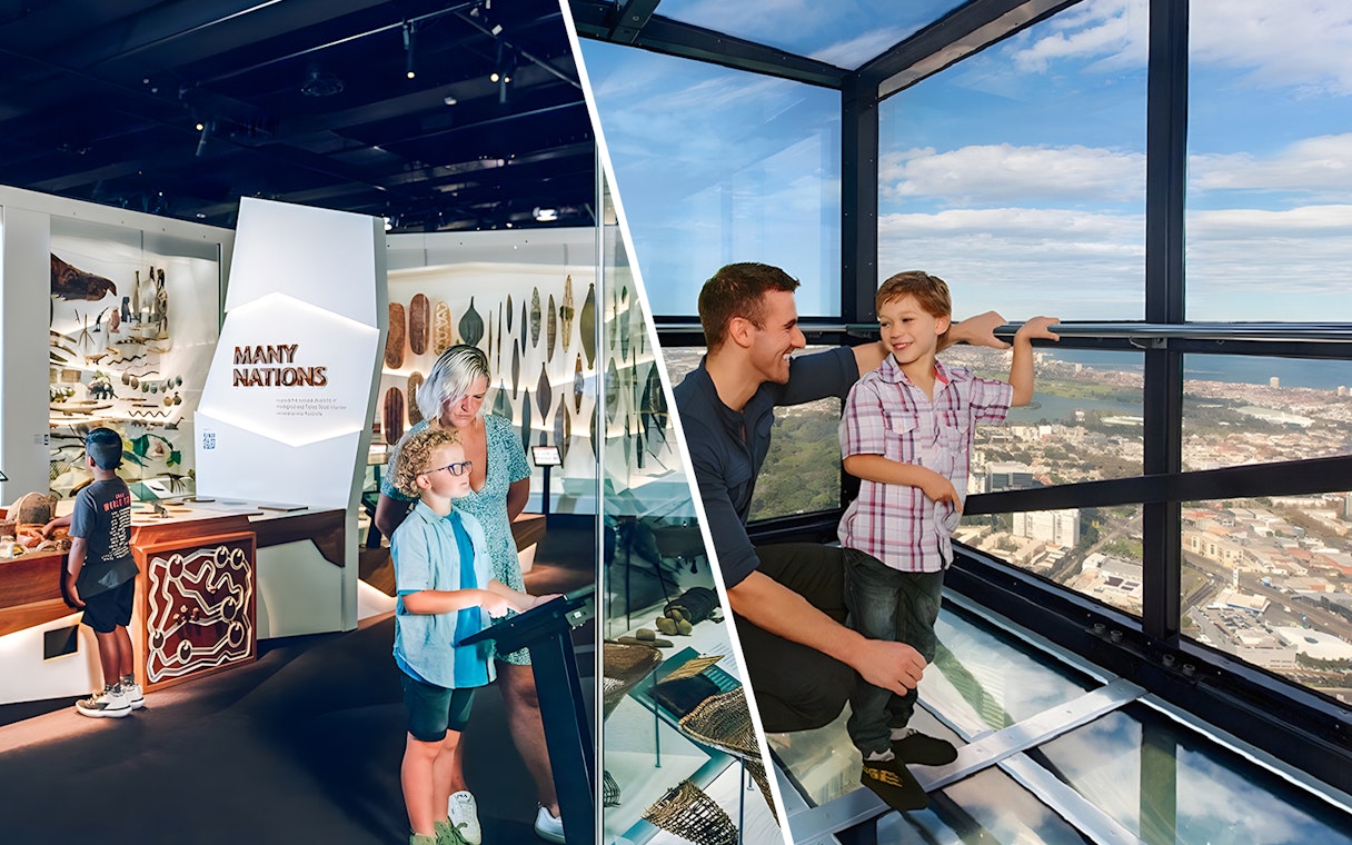 Visitors exploring Melbourne Museum exhibit and enjoying views from Melbourne Skydeck.