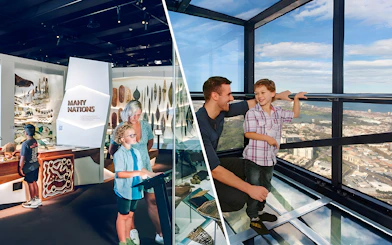 Visitors exploring Melbourne Museum exhibit and enjoying views from Melbourne Skydeck.