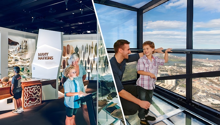 Visitors exploring Melbourne Museum exhibit and enjoying views from Melbourne Skydeck.