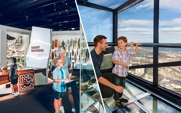 Visitors exploring Melbourne Museum exhibit and enjoying views from Melbourne Skydeck.