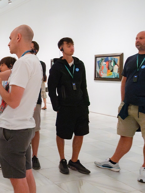 Visitors on a guided tour at Prado & Reina Sofia Museum, viewing artwork with a guide.
