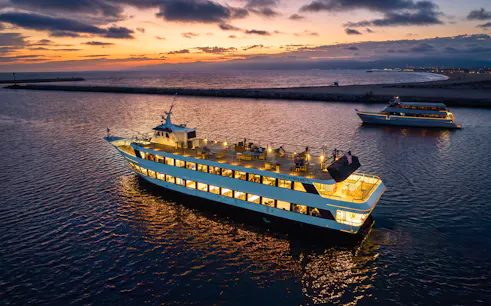 Dinner cruise ship at sunset in Marina del Rey, California.