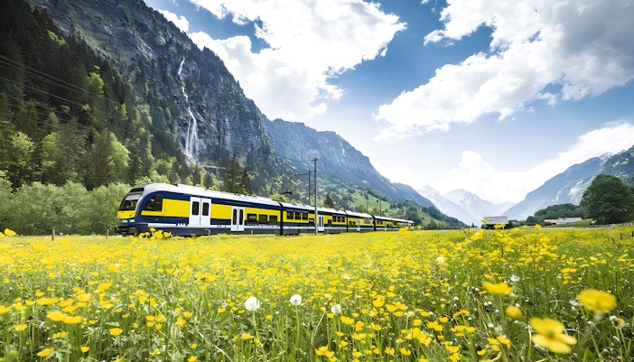 A modern train travels through a vibrant field of yellow flowers en route to Grindelwald First