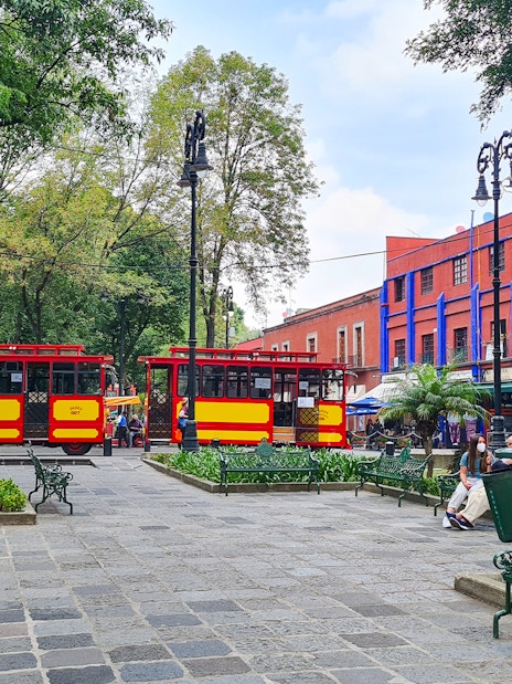 Red and yellow trams in Coyoacán square, Mexico City, with vibrant buildings and trees.