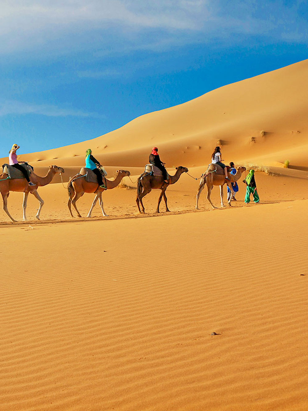 Tourists riding camels across Dubai desert dunes.