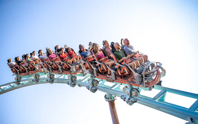 Riders on Alpen Fury rollercoaster at Canada's Wonderland, Six Flags.