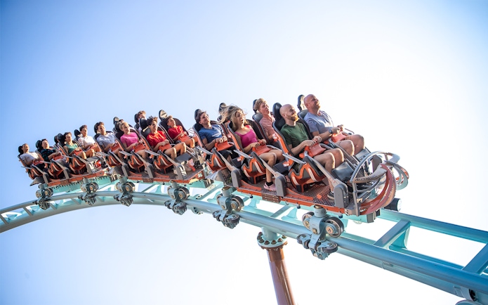 Riders on Alpen Fury rollercoaster at Canada's Wonderland, Six Flags.