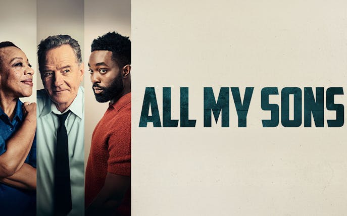 Three people next to 'All My Sons' text, promoting the play.