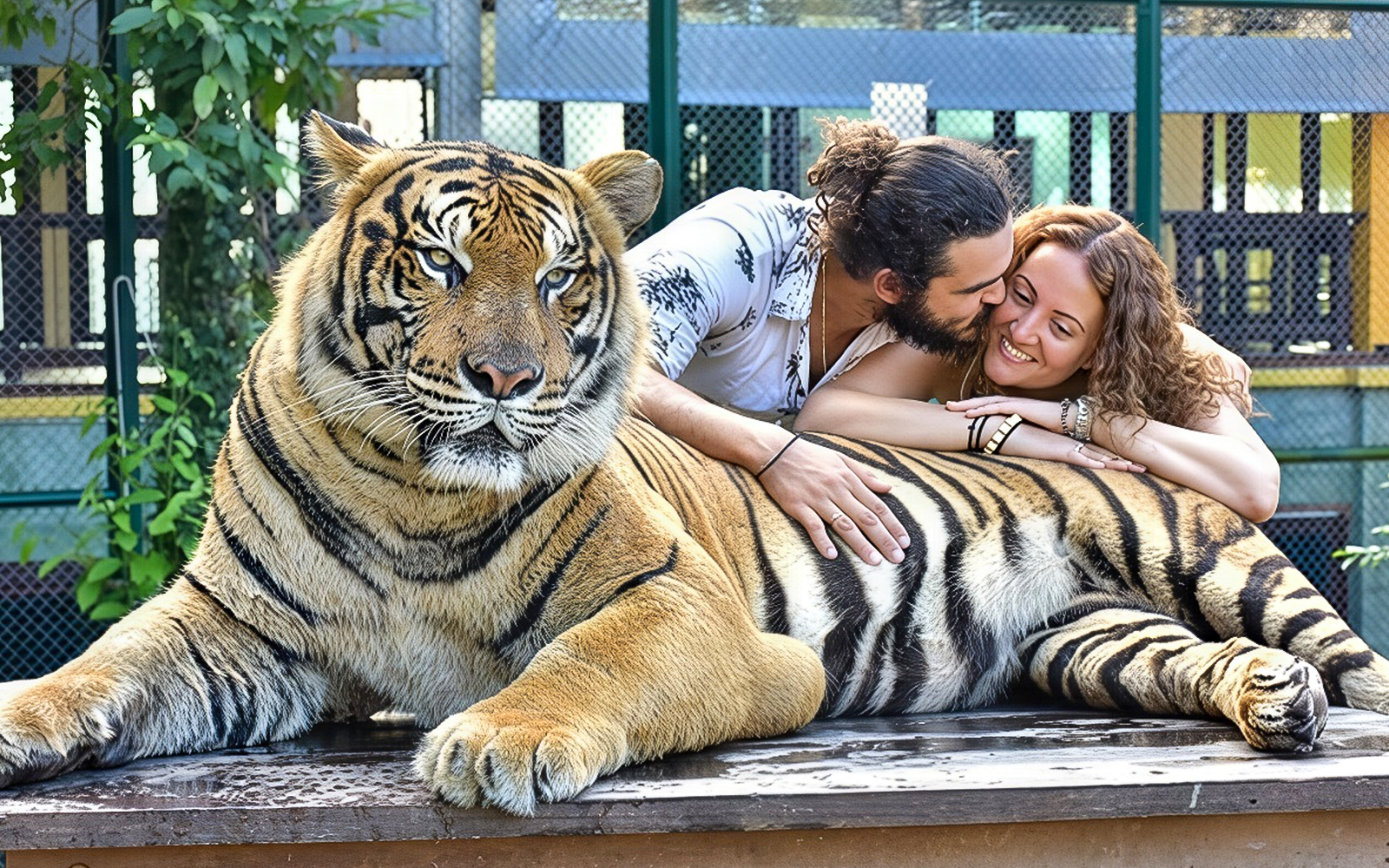 Couple embraces while petting a tiger at Tiger Kingdom experience.