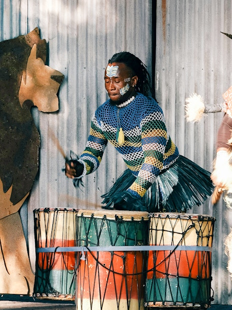 Drummers performing at Lion King show, Disney's Animal Kingdom Africa, Orlando.