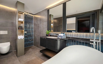Luxurious bathroom with modern fixtures on a Halong Bay cruise.