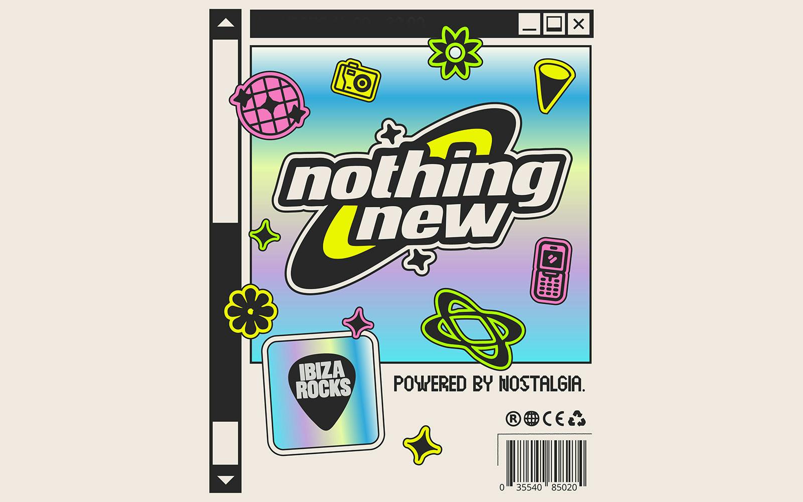 Nothing New party poster with retro icons, Ibiza Rocks logo, Ibiza