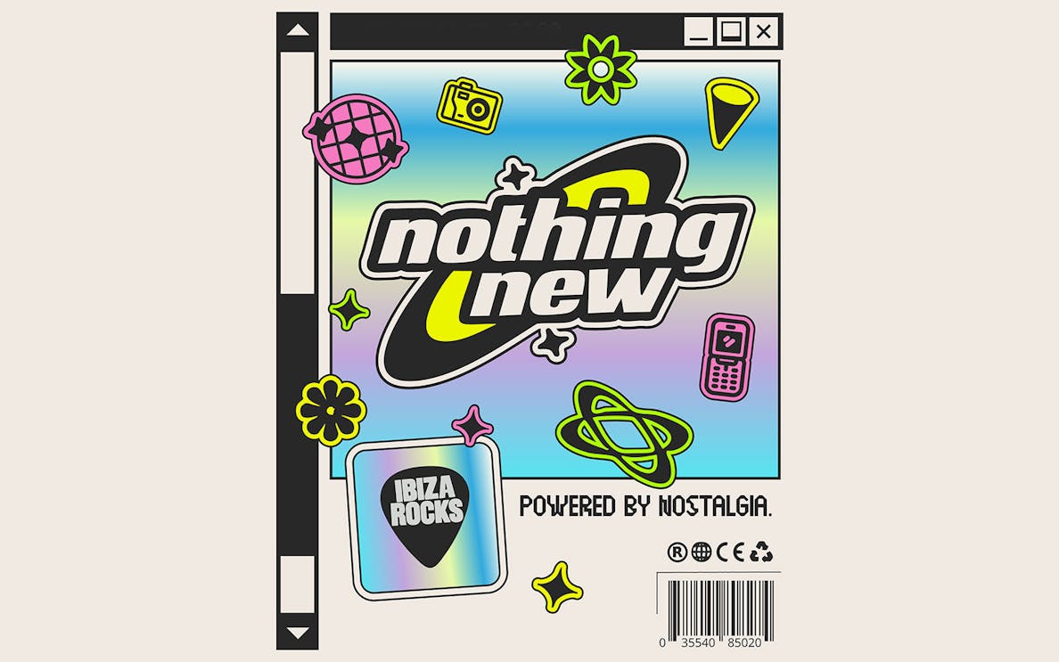 Nothing New party poster with retro icons, Ibiza Rocks logo, Ibiza