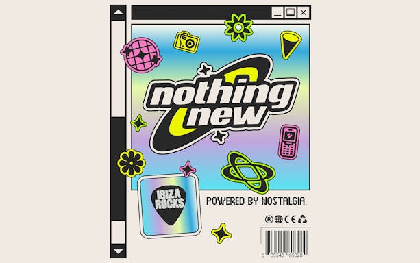 Nothing New party poster with retro icons, Ibiza Rocks logo, Ibiza