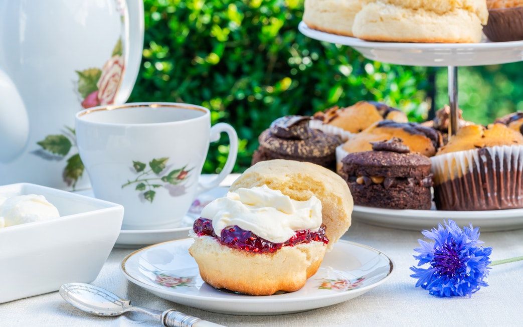 Traditional cream tea with scone, jam, and cream on Cotswold tour.