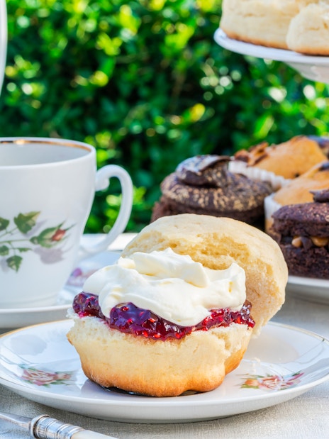 Traditional cream tea with scone, jam, and cream on Cotswold tour.