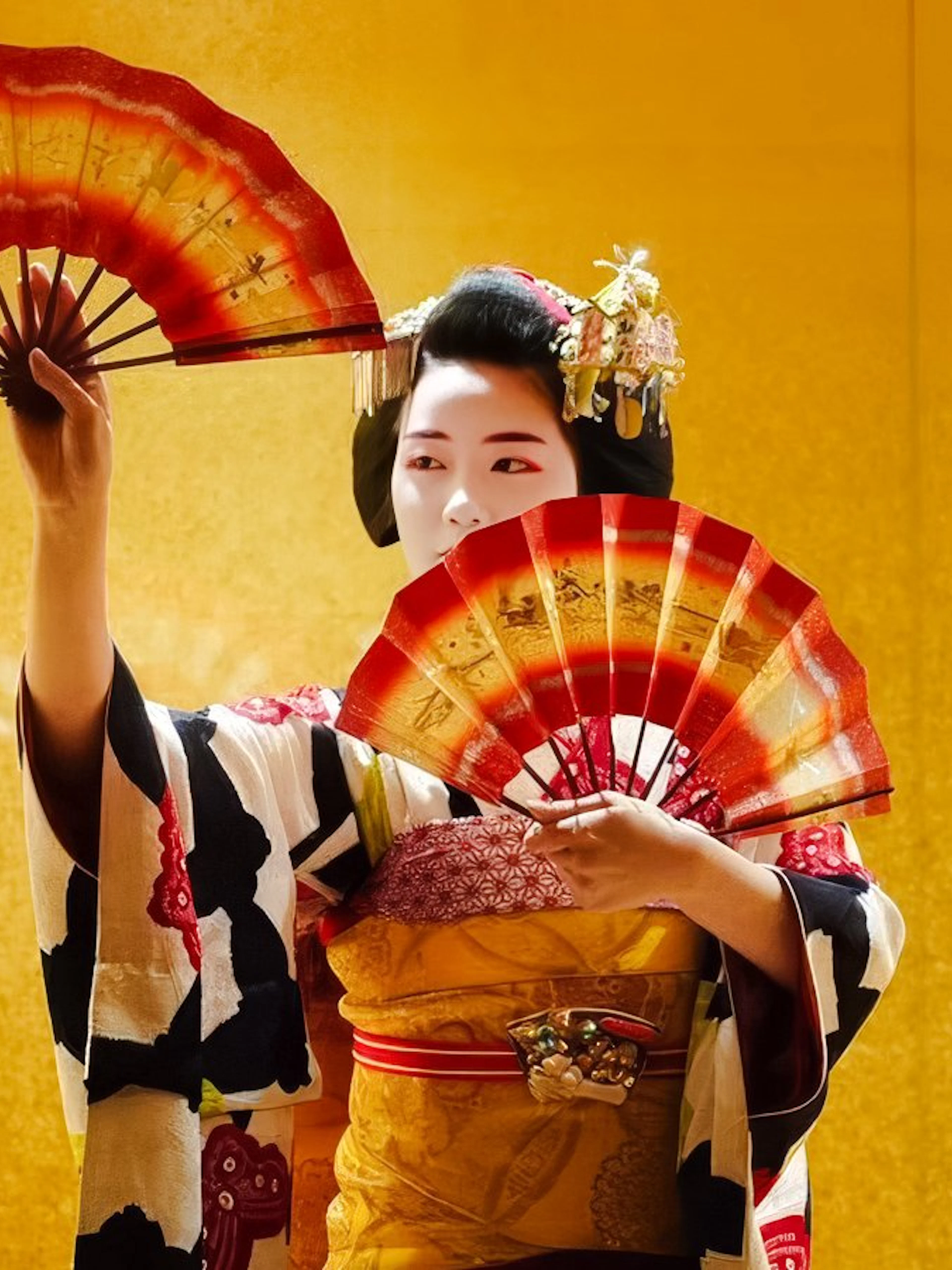 Geisha performing with fans in traditional attire, Kyoto.