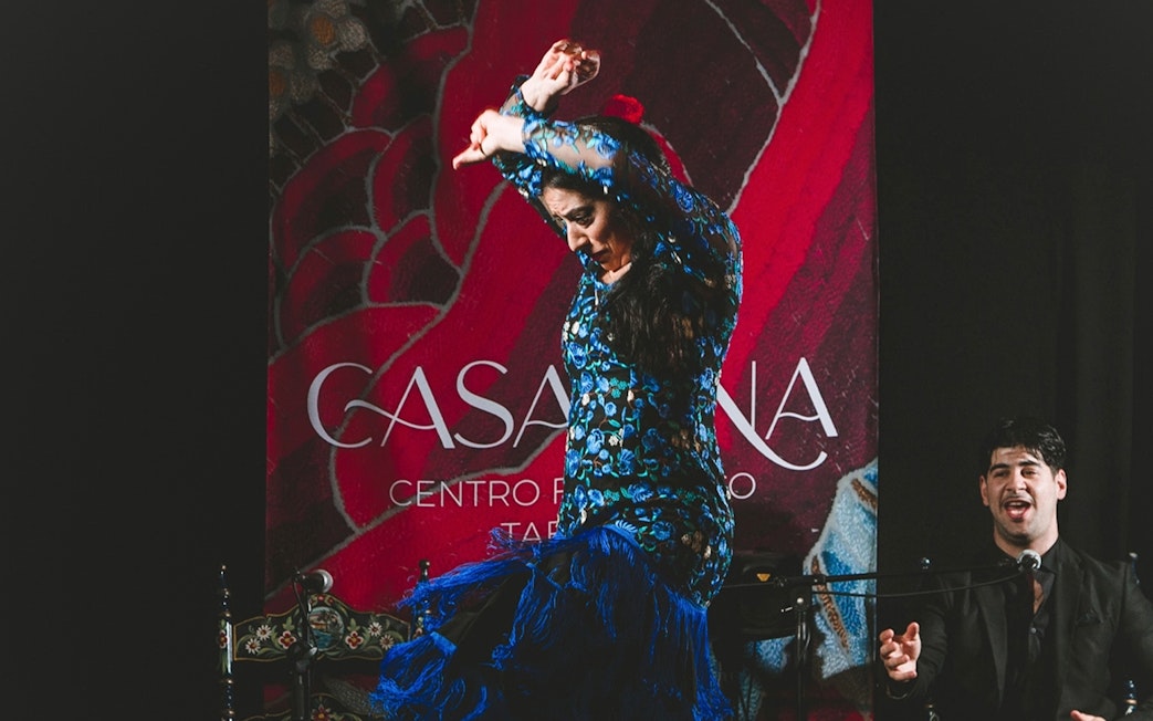 Flamenco dancer performing at Casa Ana Flamenco Show with a singer in the background.