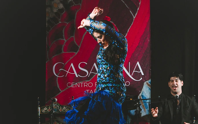 Flamenco dancer performing at Casa Ana Flamenco Show with a singer in the background.