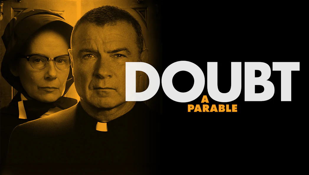 Two clergy members in front of a door with 'Doubt: A Parable' text overlay.