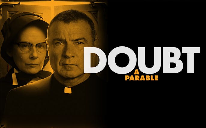 Two clergy members in front of a door with 'Doubt: A Parable' text overlay.