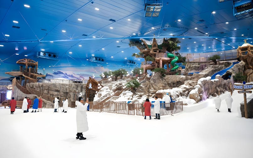 Visitors exploring Snow Abu Dhabi's indoor snow park with slides and snowy landscapes.