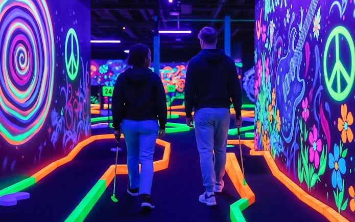 Visitors playing at Rock of Ages Blacklight Minigolf with neon graffiti walls.