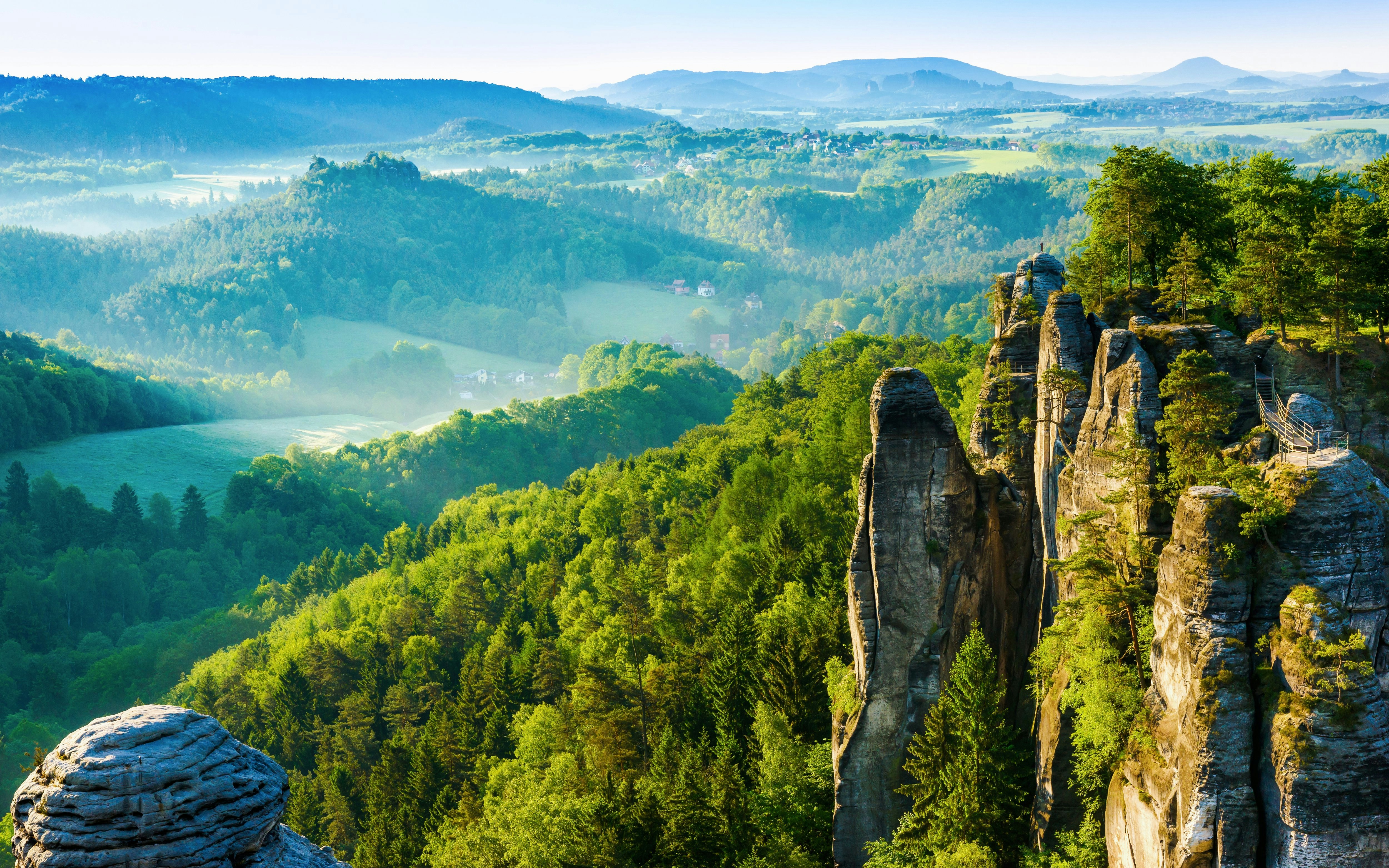 Bastei rock formations and lush forest in Saxon Switzerland, Germany.