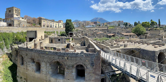 Herculaneum ruins with Mount Vesuvius in the background, Italy.