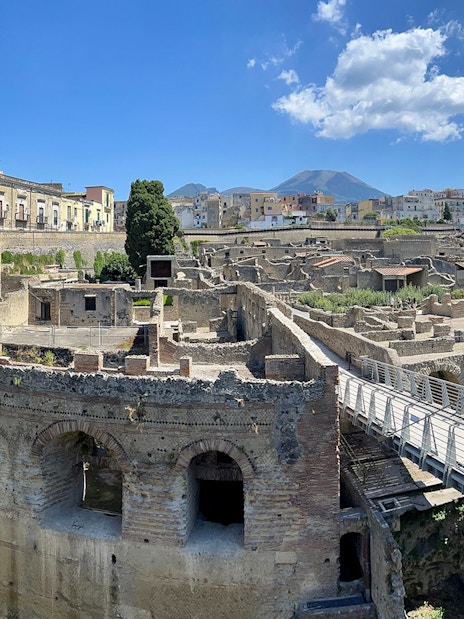 Herculaneum ruins with Mount Vesuvius in the background, Italy.