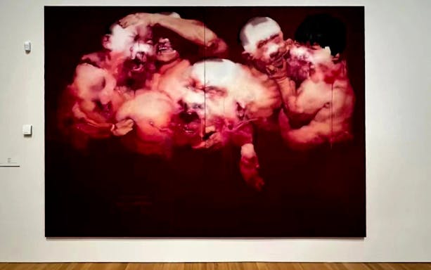 Abstract painting of distorted human figures at M+ Museum.