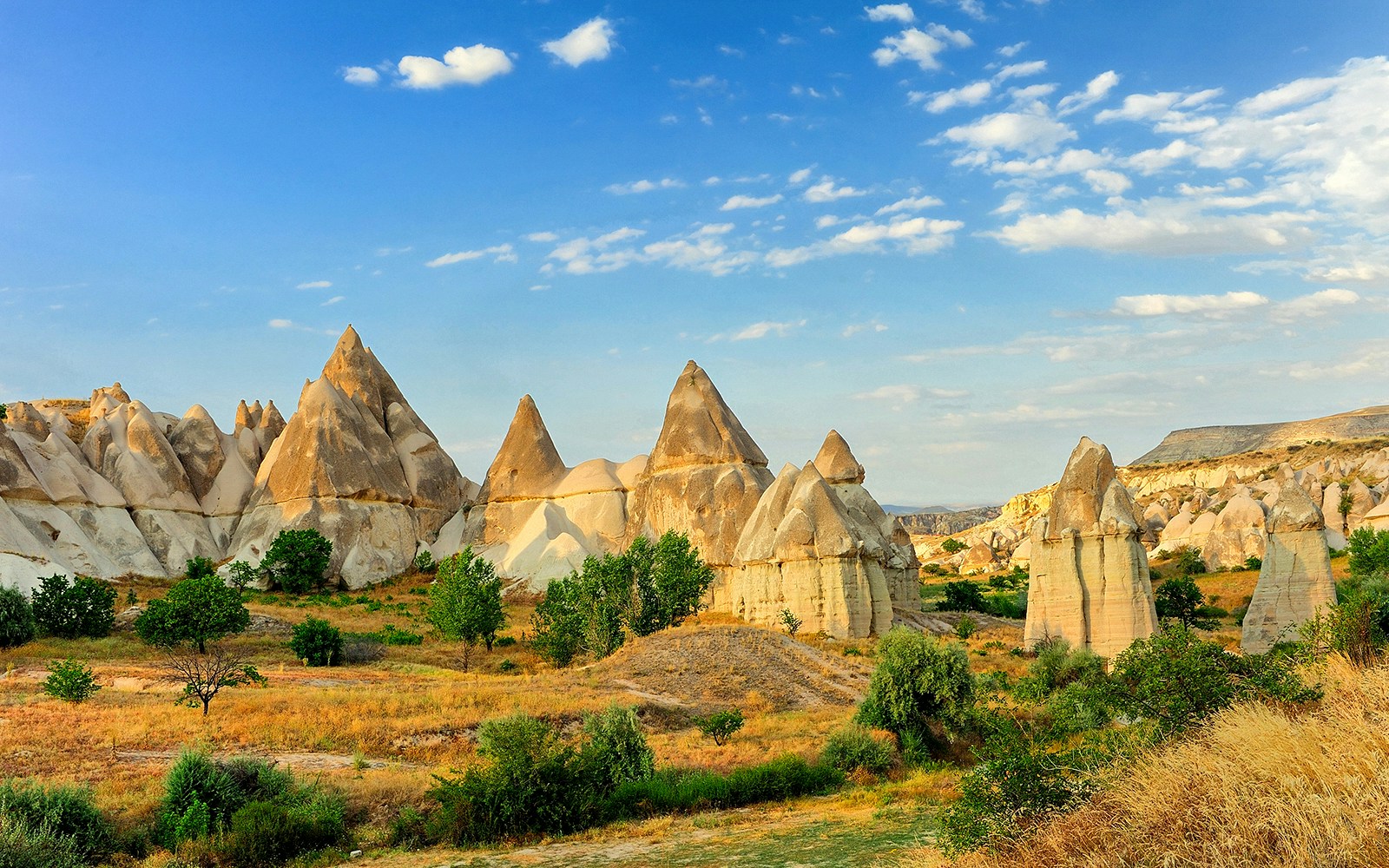 Rock formations in Love Valley, Göreme Cave City, Cappadocia, Turkey under a blue sky.