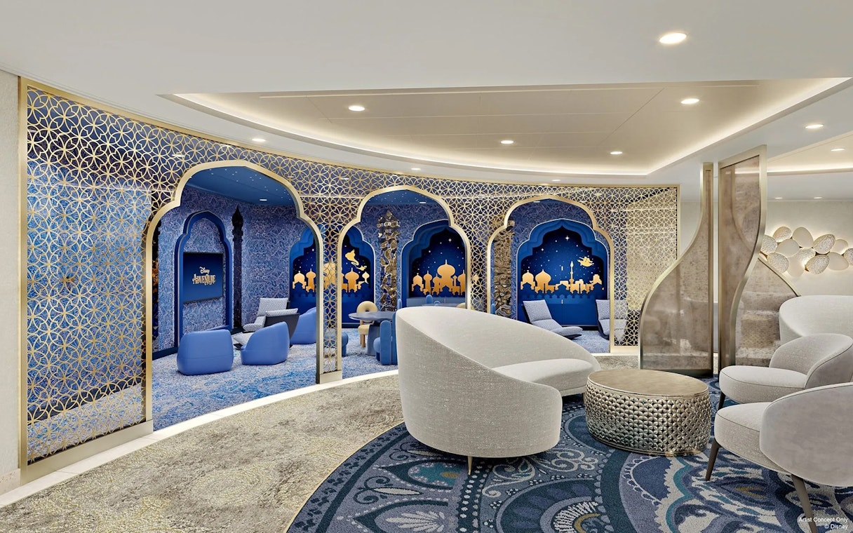 Concierge lounge with ornate arches on Disney Adventure Cruise.