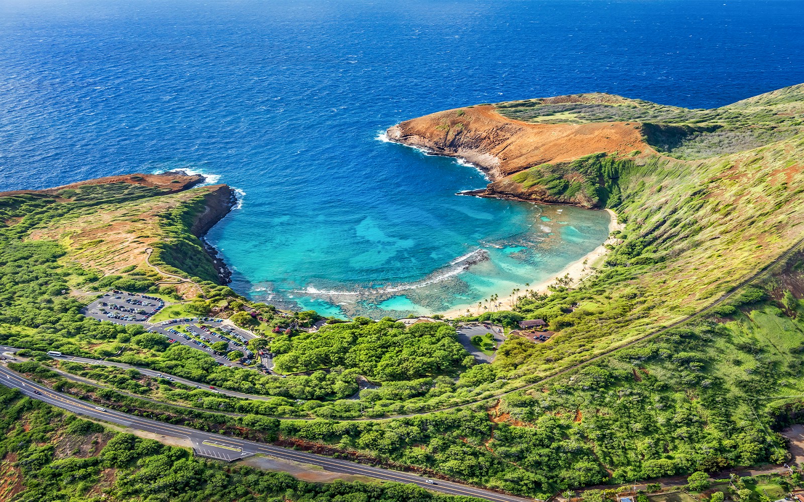 Aerial view of Hanauma Bay's turquoise waters and surrounding greenery, Oahu, Hawaii.