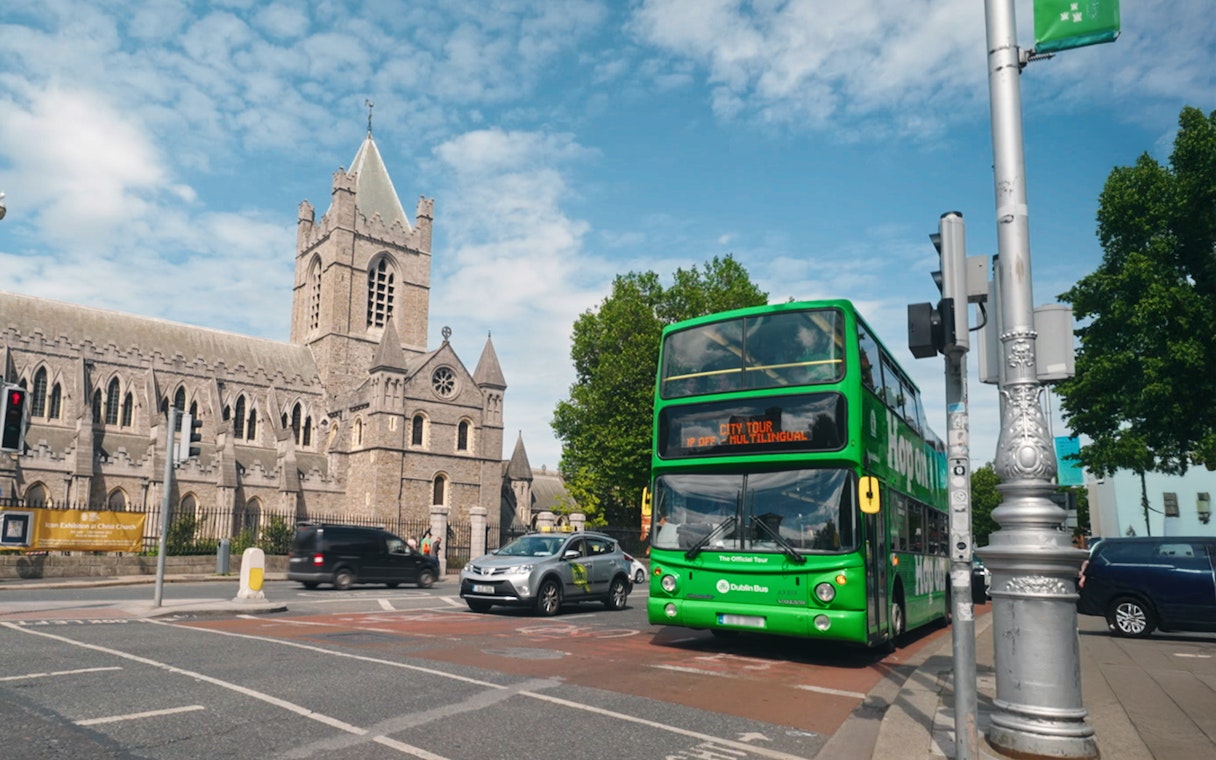 Hop on hop off bus near Christ Church Cathedral, Dublin.