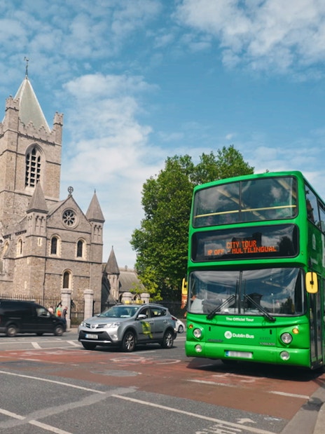 Hop on hop off bus near Christ Church Cathedral, Dublin.