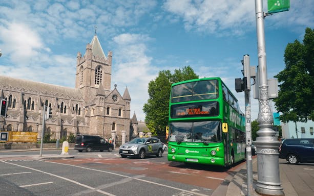 Hop on hop off bus near Christ Church Cathedral, Dublin.