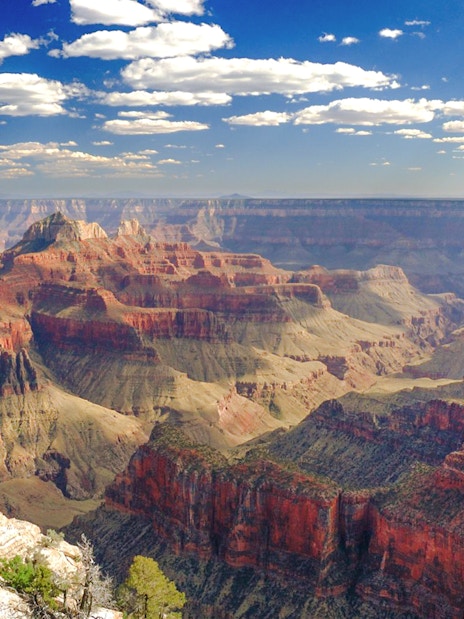 Grand Canyon panoramic view with layered rock formations under a blue sky.