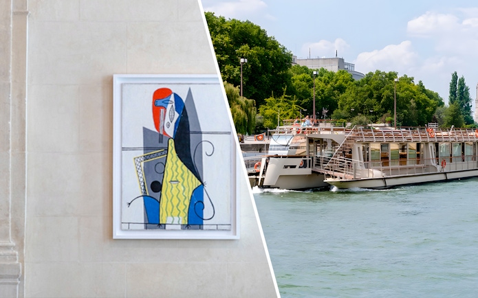 Artwork at Picasso Museum, Paris with Seine River cruise boat.