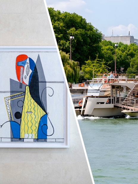 Artwork at Picasso Museum, Paris with Seine River cruise boat.