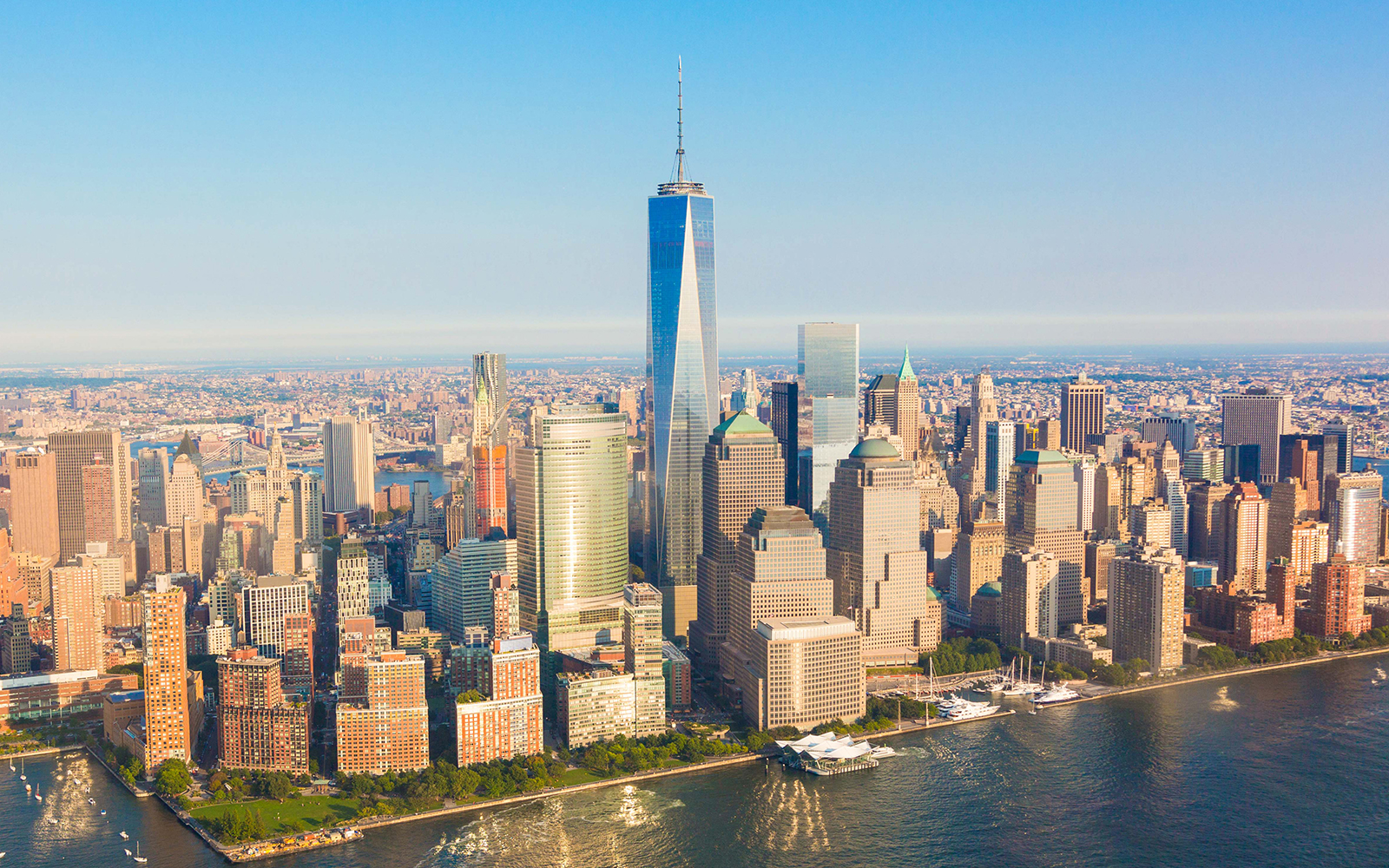 Aerial view of One World Trade Center in Downtown Manhattan during NYC helicopter tour.