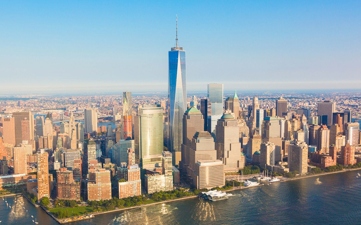 Aerial view of One World Trade Center in Downtown Manhattan during NYC helicopter tour.