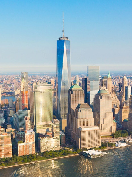 Aerial view of One World Trade Center in Downtown Manhattan during NYC helicopter tour.