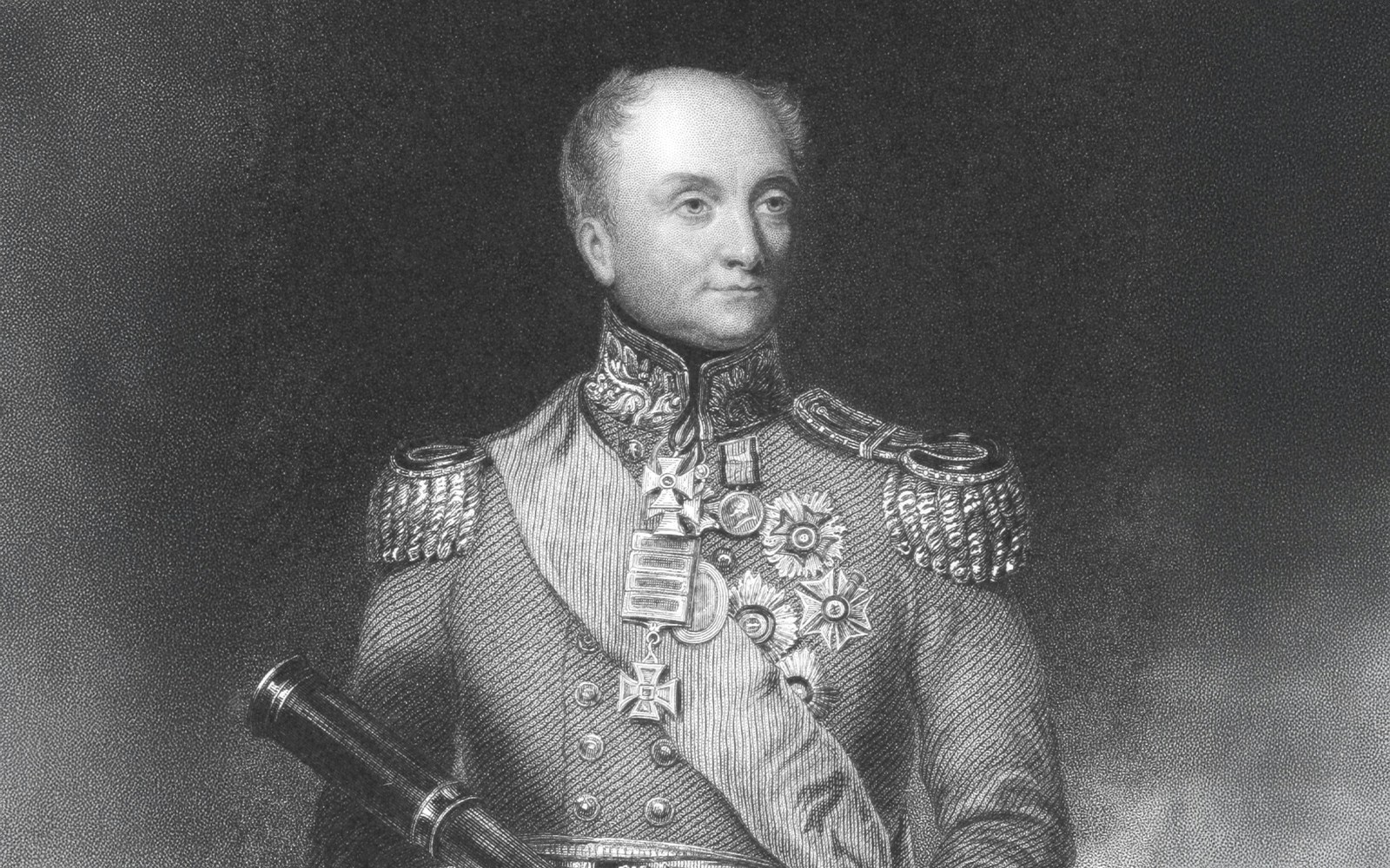 Engraving of General Viscount Hill in military uniform with medals.
