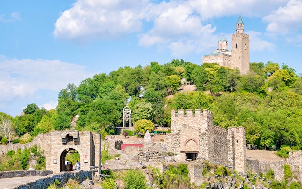 Tsarevets Fortress with church on hill, Veliko Tarnovo, Bulgaria.